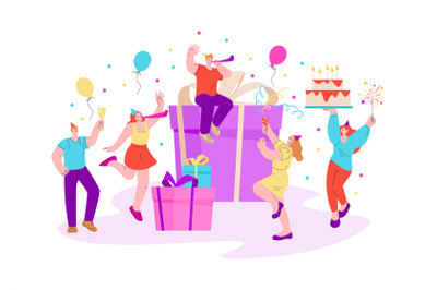 Birthday party people. Woman man dancers celebration with balloons gif