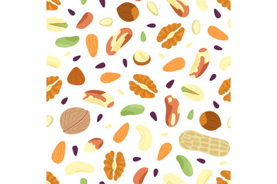 Nuts seamless pattern. Abstract mix seeds, raw ingredients, dried frui