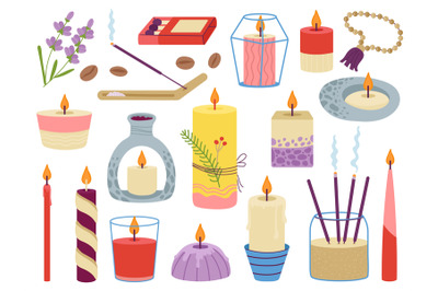 Meditation elements and candles. Candle clipart, home aromatherapy for