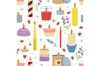 Doodle candle seamless pattern. Coffee beans and candles, relaxing moo