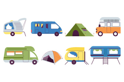 Summer camping transport. Vintage auto caravans, campers and trailers.