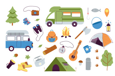 Camping outdoor elements. Summer camp adventures, hiking accessories.