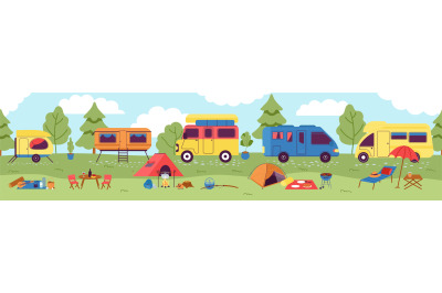 Forest summer vacation. Camping adventures landscape with campers and