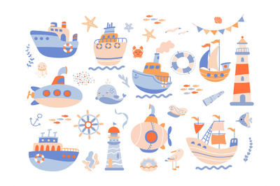 Marine adventures set. Cute whale and funny crab, sailor team objects.