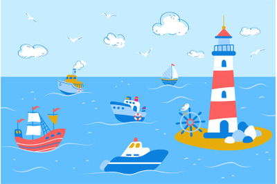 Cute ship and cruiser in ocean landscape. Cartoon sailboat trip and li