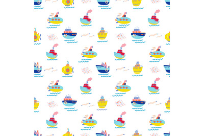 Doodle ship seamless pattern. Sailing texture, boy boat fabric print.