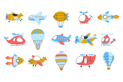 Childish air transport. Hot air balloons&2C; airplane and airship. Isolat