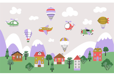 Kids airplanes landscape. Airplane and hot air balloons flying in sky.