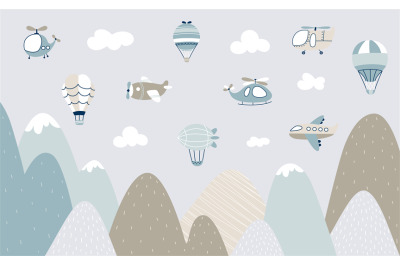 Scandinavian style kids landscape. Aircraft flying over mountain, chil