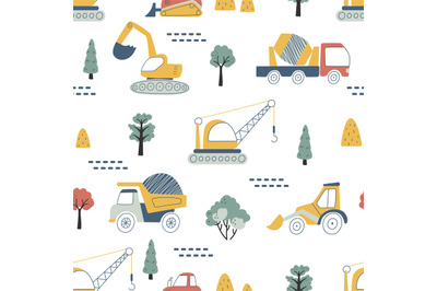 Kids truck seamless pattern. Doodle trucks, construction vehicles with