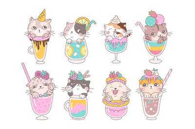 Kitten summer cocktails. Cartoon cat drink&2C; cute fresh cocktail and sh