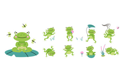 Cute green frogs. Croaking frog on nature, cartoon toad with lotus and