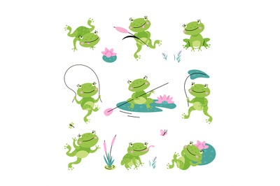 Cartoon frogs. Green cute frogs, lake or pond nature and animal. Isola