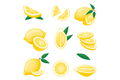 Cartoon lemon cut. Citrus slices, fresh lemons piece. Isolated yellow