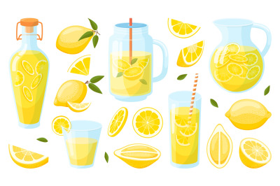 Cartoon lemonade. Lemon refreshing juice in glasses and jars. Refresh