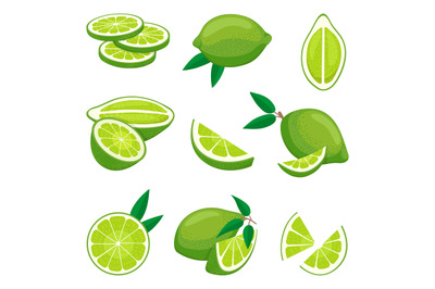 Lime citrus. Green agricultural vitamin fruits. Slices and cut pieces,