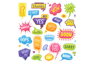 Flat cartoon text bubbles. Talk doodle stickers&2C; bright conversation s