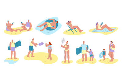 People on beach. Person reading and relax, swimming on sea or ocean. S