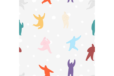 Abstract characters background. Cute yeti, cartoon snowman and giant s