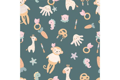 Adorable children toys seamless pattern. Cute nursery baby print, simp