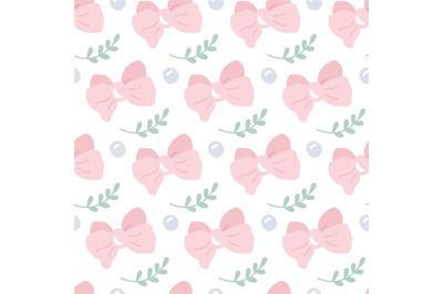 Baby girl seamless pattern. Cute pink bows, beads and green branches.