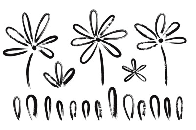 Black ink flowers and petals. Isolated grunge design elements for deco