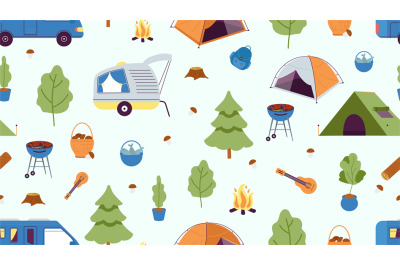 Camping seamless pattern. Camp tent&2C; cars and tree&2C; fire and mushroom.