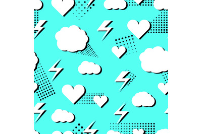 Clouds&2C; flash and hearts. Pop art trendy style seamless pattern. Decor