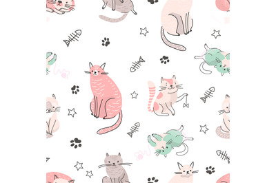 Cute cat seamless pattern. Doodle cats&2C; home pets scandinavian style.