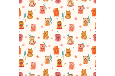 Cute neko cat and sakura flowers background. Japan cats&2C; asian cartoon