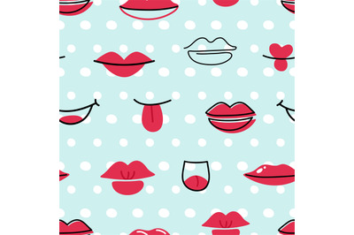 Doodle abstract red lips. Trendy female mouth and dots seamless patter