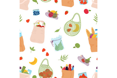 Eco shopping bags. Fruits and grocery store packs, craft paper bag wit