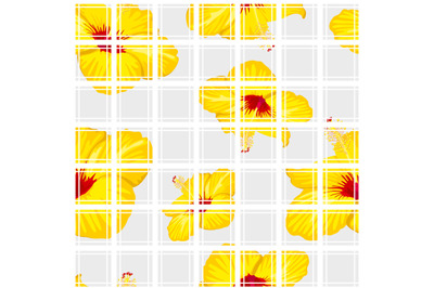 Exotic flowers seamless pattern in simple scottish plaid. Yellow lily