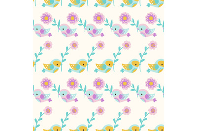 Folk cute birds with flowers seamless pattern. Flying bird, scandinavi