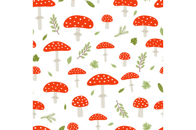 Forest mushroom seamless pattern. Amanita plants, leaves and branches.