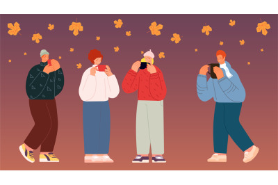 Friends meeting with hot beverages. Autumn characters stand together u