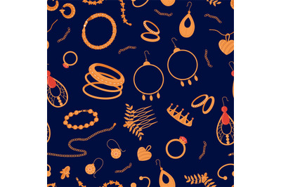 Gold jewelry seamless pattern. Rings, earrings, golden chain and heart