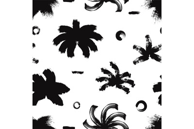 Grunge abstract natural palm seamless pattern. Ink brush elements text