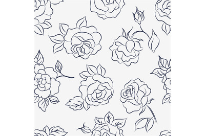 Hand drawn outline roses seamless pattern. Rose garden, romantic flowe