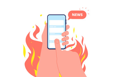 Hand with smartphone. Hot breaking news, online information in fire fl