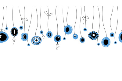 Hanging evil eye amulets seamless pattern. Greek mystic protection mas