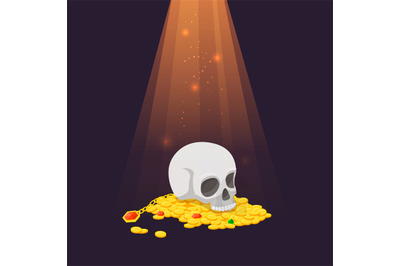 Human skull on gold coins pile. Treasure in light ray with glowing fly