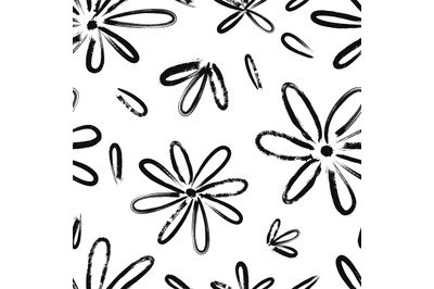 Ink abstract flowers vector seamless pattern. Grunge brush petals fabr