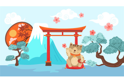 Japan traditional elements banner. Neko cat and gates&2C; flying sakura f