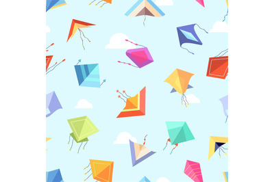 Kite seamless pattern. Flat color kites flying in sky between clouds.