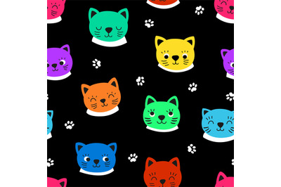 Kitten heads seamless pattern. Cat faces fabric print&2C; neon color char