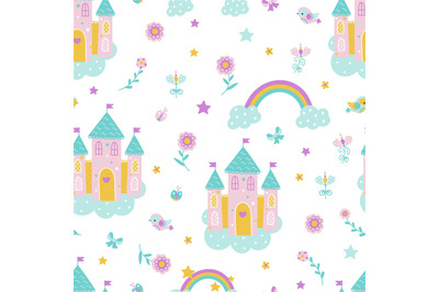 Magic fairytale castle seamless pattern. Cute girl princess fashion pr