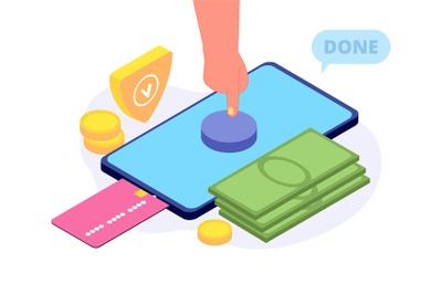 Mobile payments. Hand press button on smartphone screen isometric conc