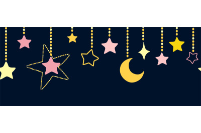 Moon and stars seamless border. Cute nursery mobile, yellow crescent h