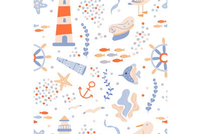 Nautical seamless pattern with lighthouse. Fish, dots and ship wheel,